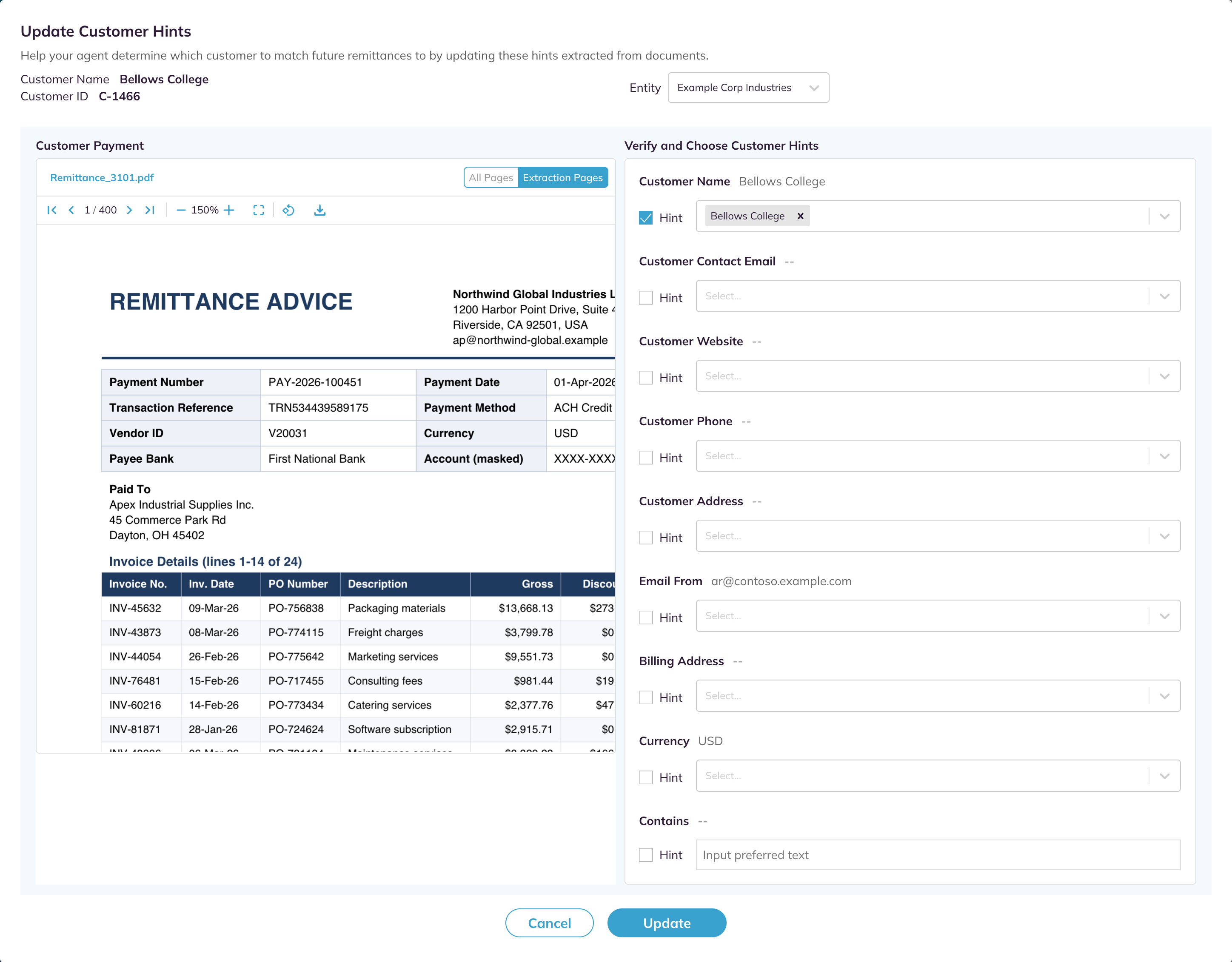 Update Customer Hints dialog with the Customer Payment preview and the hint rows, including Contains