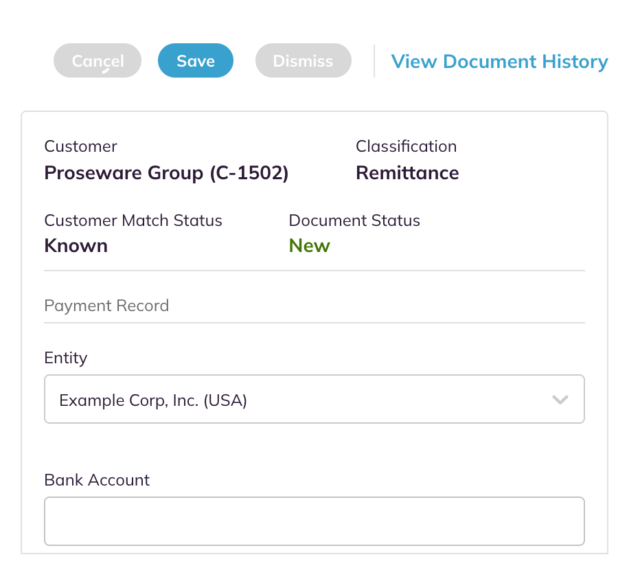Edit mode with Cancel, Save and an unavailable Dismiss above the payment record fields