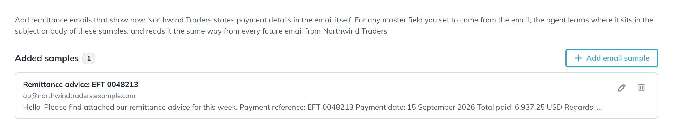 Email samples with one added sample, the Northwind Traders remittance advice email, with its edit and remove icons