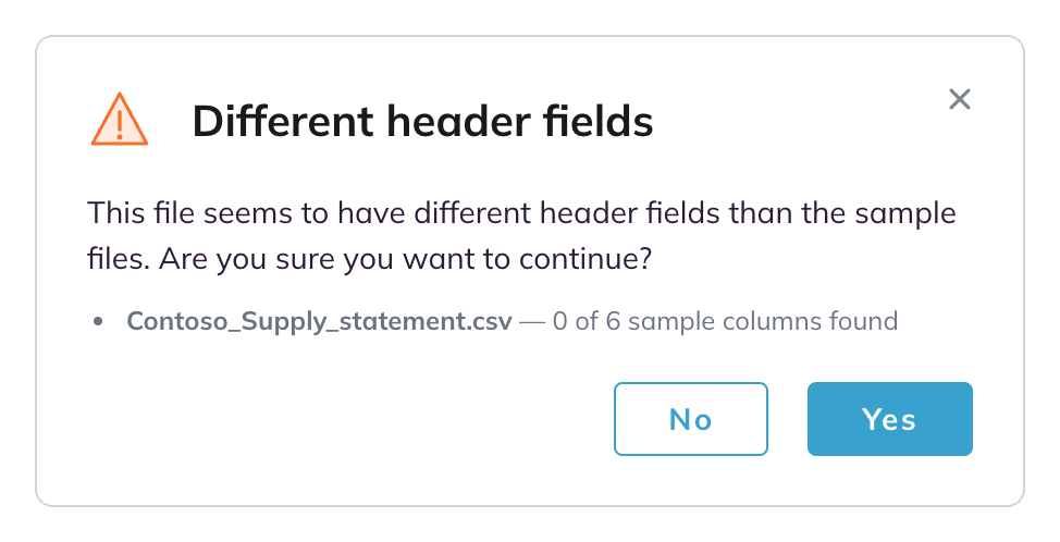 The Different header fields dialog for a CSV file with 0 of 6 sample columns found, with No and Yes