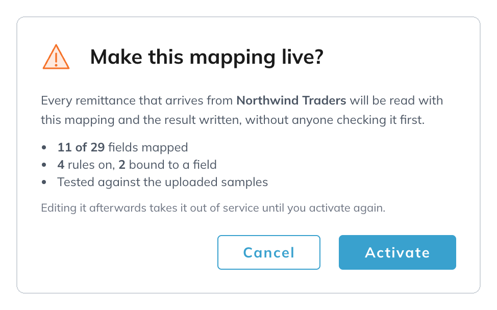 The Make this mapping live dialog for Northwind Traders with 11 of 29 fields mapped, 4 rules on with 2 bound to a field, and the mapping tested