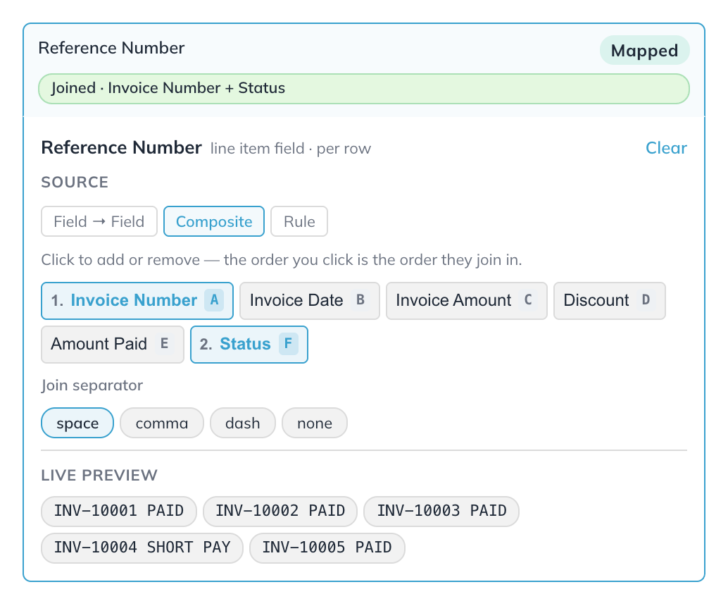 Reference Number joined from Invoice Number and Status with a space, and a live preview of values such as INV-10001 PAID