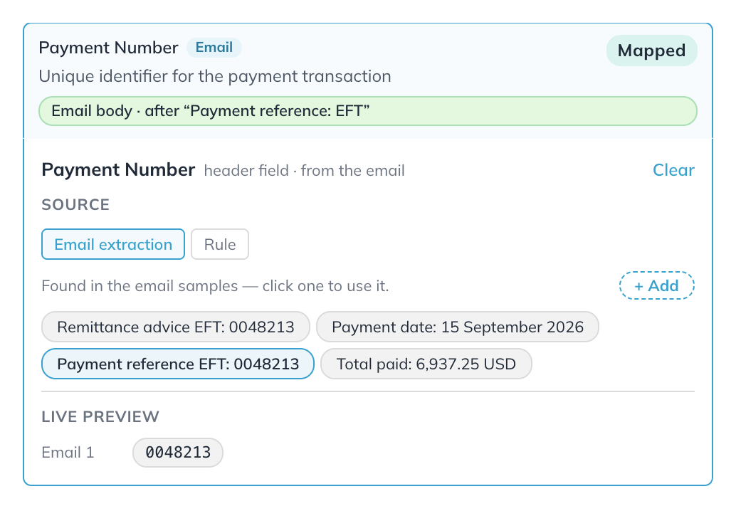 Payment Number read from the email, with Email extraction selected, the values found in the email samples, and a live preview of 0048213