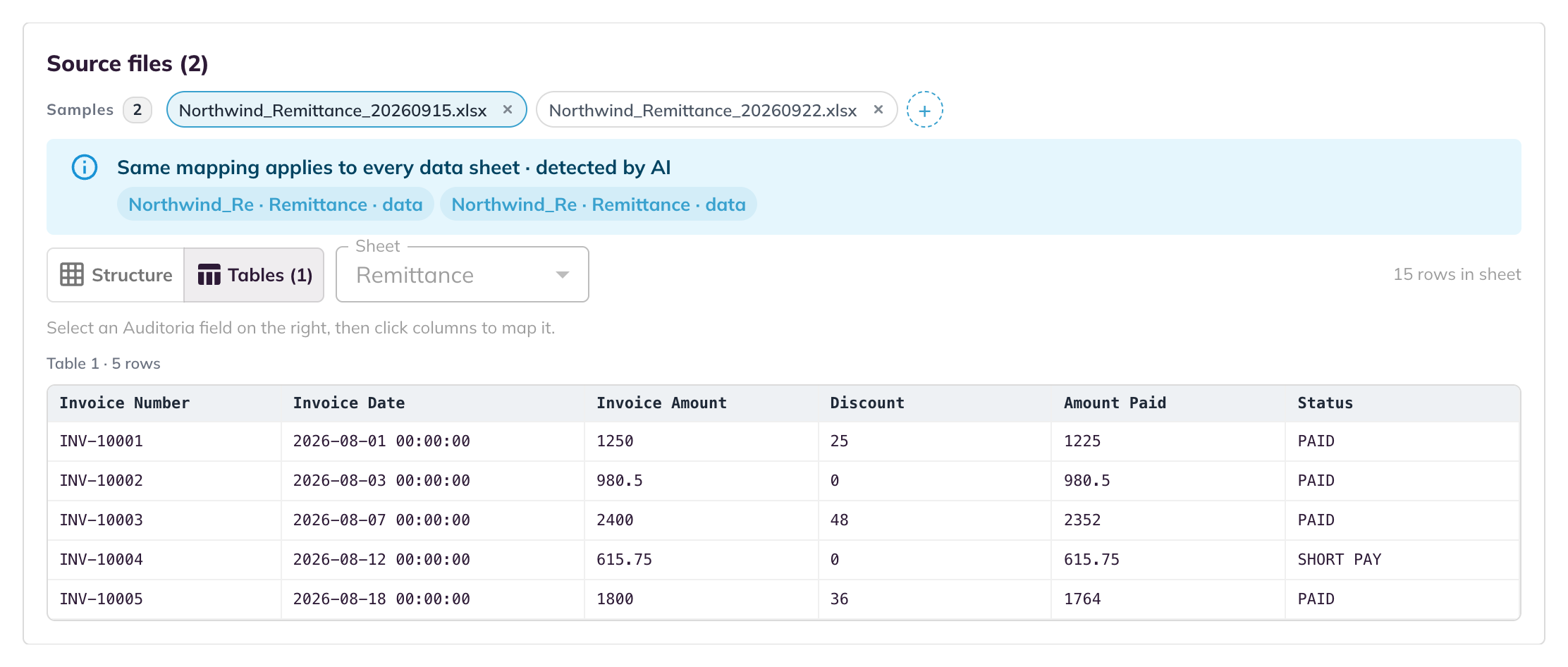 The Tables view of the Confirm step, with Table 1 and its five invoice rows under the sheet banner