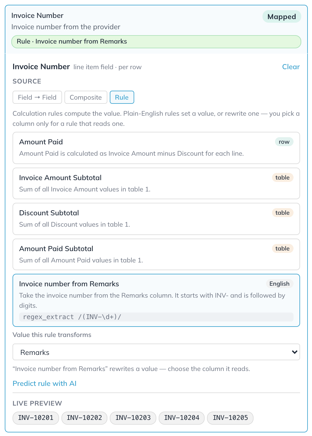 The Invoice Number field bound to the rule Invoice number from Remarks, reading the Remarks column, with the live preview showing invoice numbers