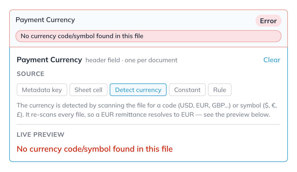 Payment Currency in error with Detect currency selected, and the message that the file has no currency code or symbol