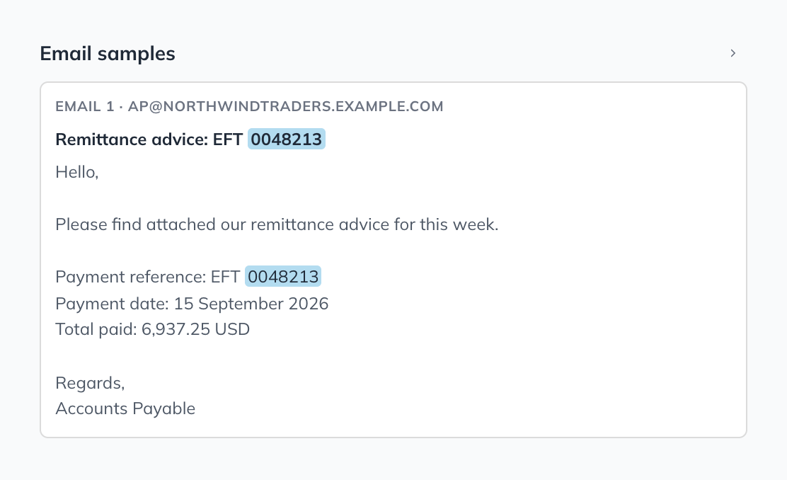 The Email samples panel with the Northwind Traders email, and the value 0048213 marked in the subject and the body