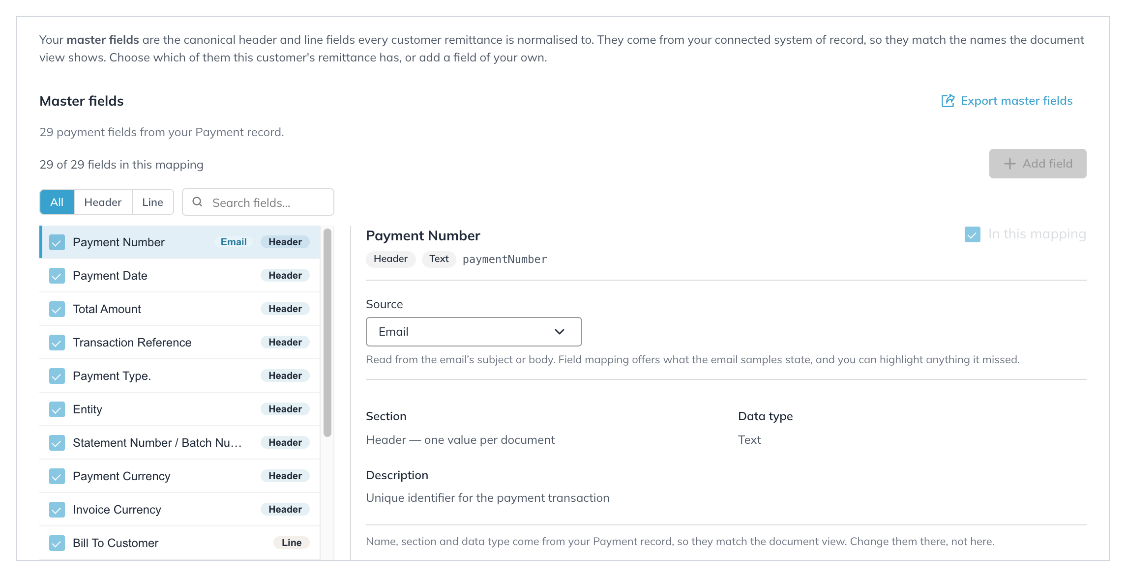 Master fields with Payment Number selected, its Source set to Email, and an Email badge on the field in the list