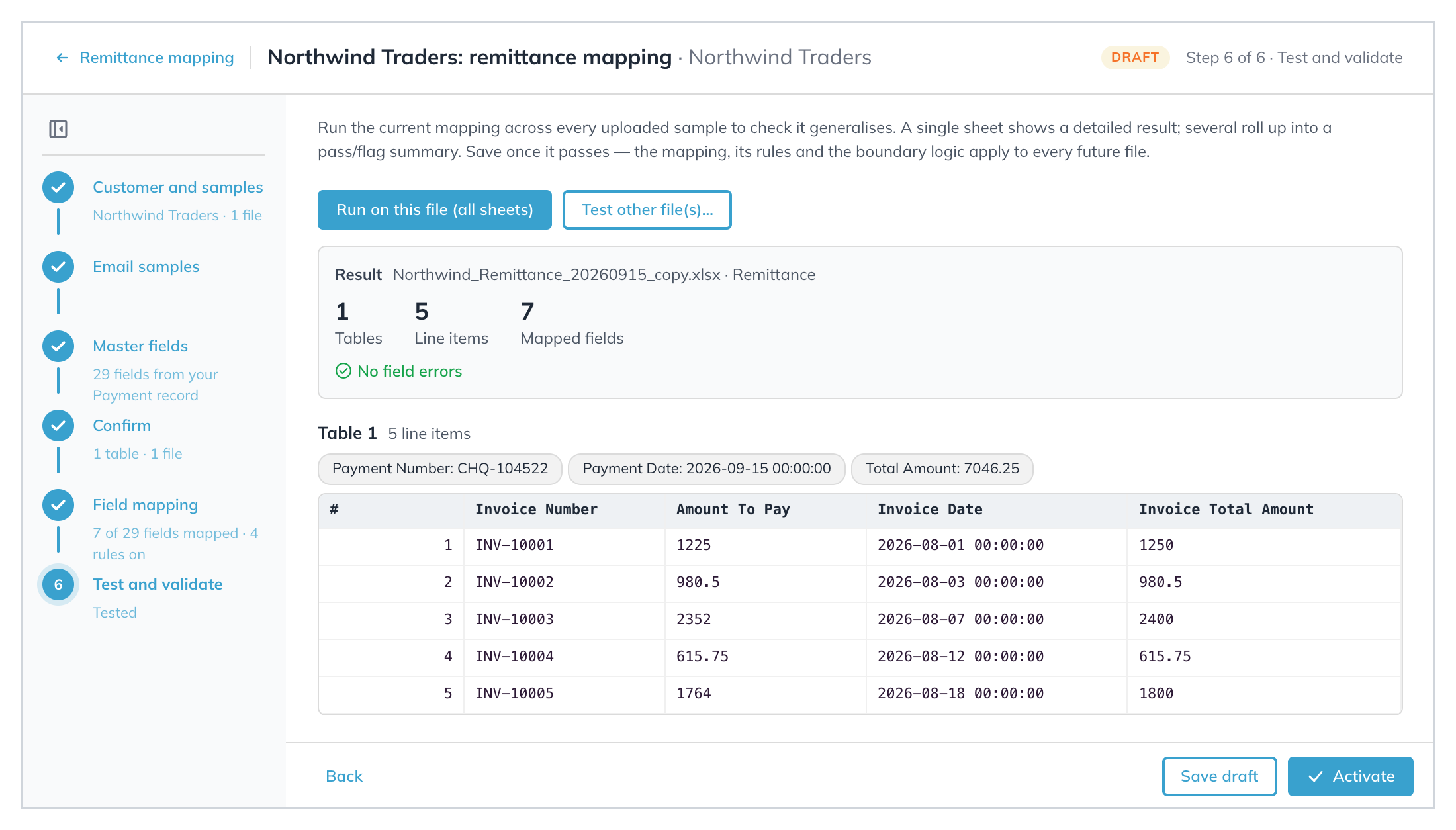 Test and validate with the result for one sample, 1 table, 5 line items, 7 mapped fields, and no field errors