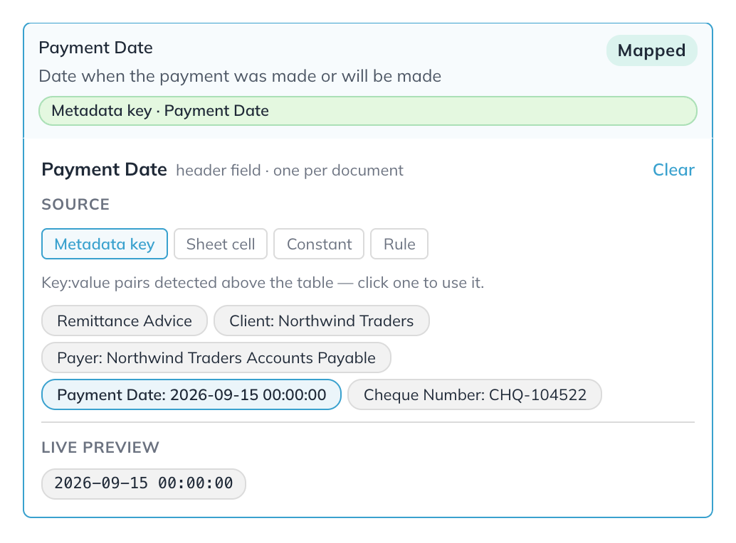 The Payment Date field with Metadata key selected, five key and value pairs found above the table, and a live preview of the date