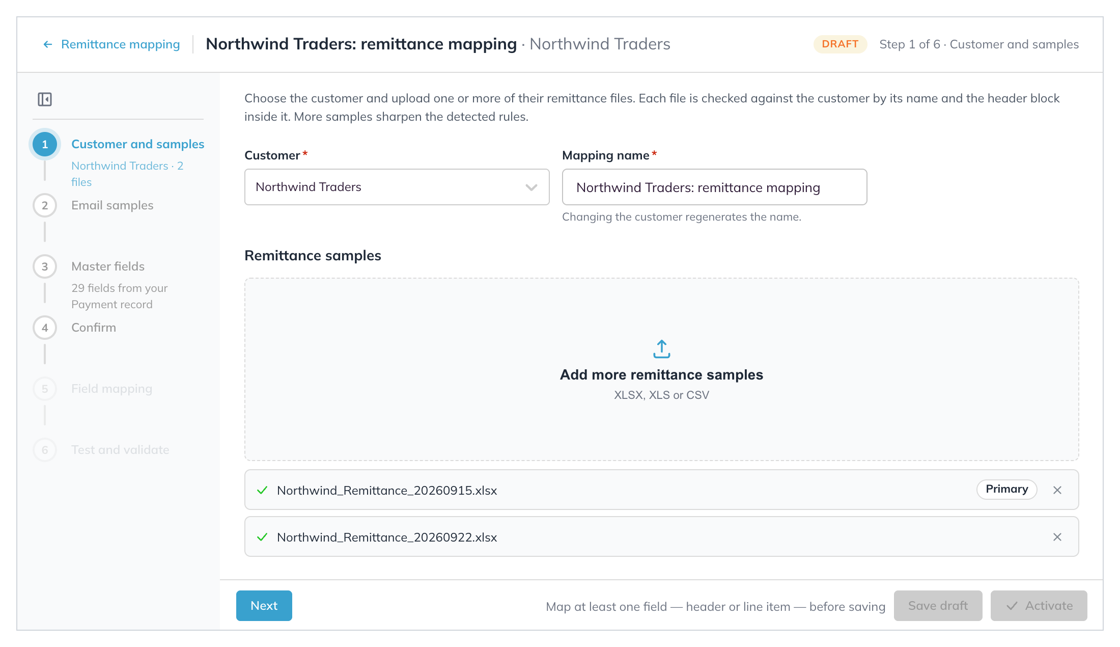 Step 1 with Northwind Traders selected, a generated mapping name, and two sample files, the first marked Primary