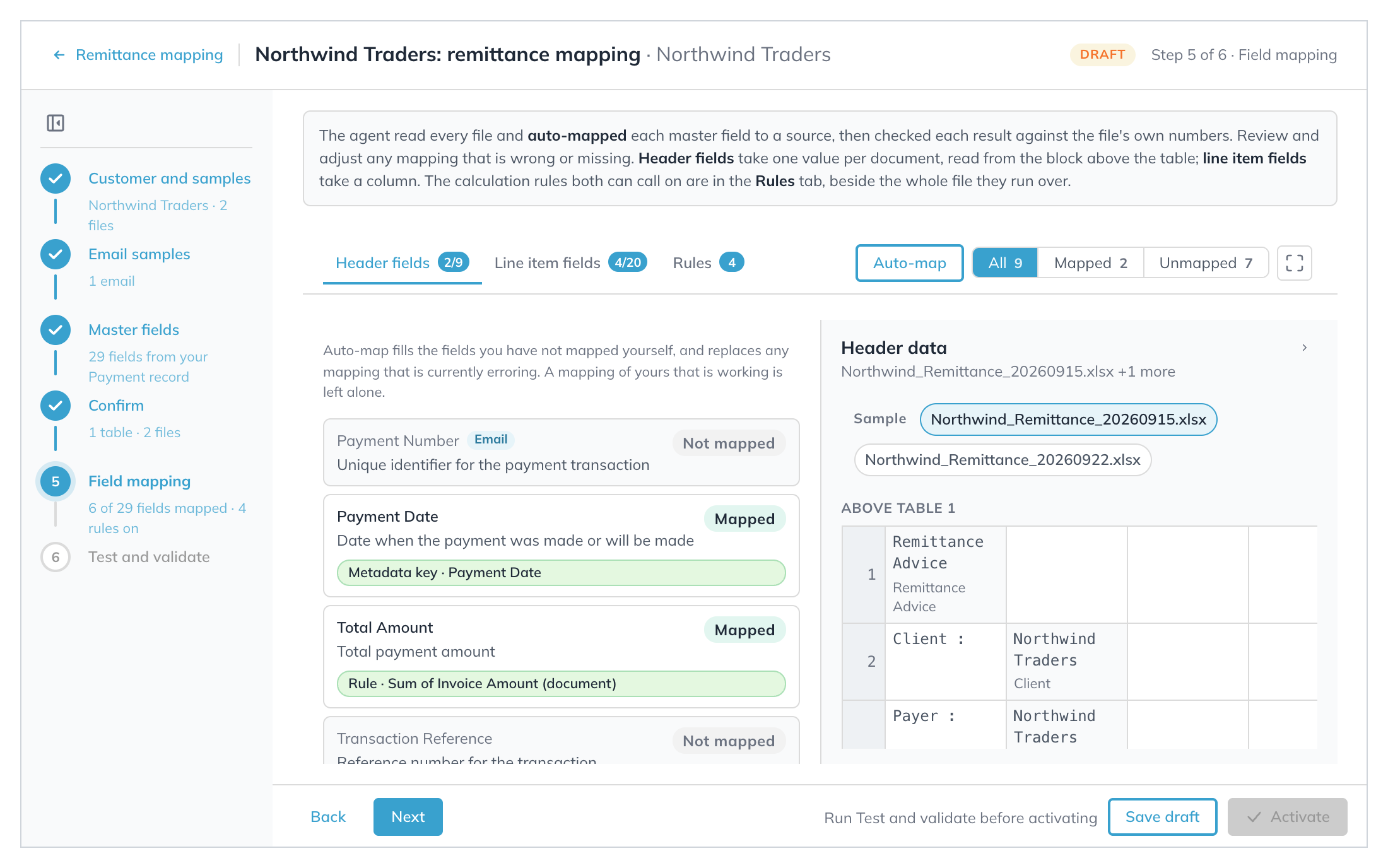 Field mapping after the first pass, with Header fields 2 of 9, Payment Date and Total Amount mapped, and the Header data panel for the primary sample