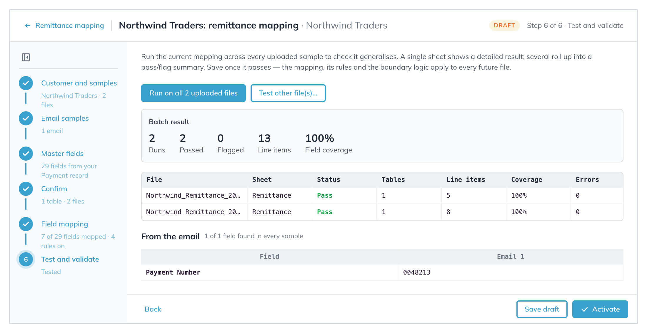 Test and validate with a batch result of two runs, both passed, 13 line items, 100 percent field coverage, and Payment Number found in the email sample