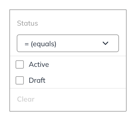 The Status filter panel with the equals operator, the values Active and Draft, and Clear unavailable