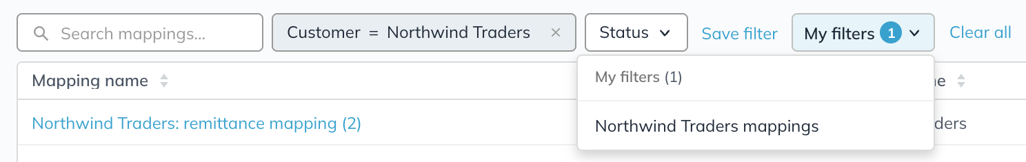 The mapping list filtered to Customer equals Northwind Traders, with Save filter and Clear all, and My filters open with one saved filter named Northwind Traders mappings
