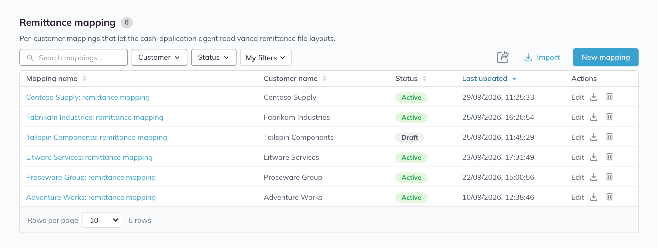 The Remittance mapping list with search, filters, Import, New mapping, and six mappings in Active or Draft status