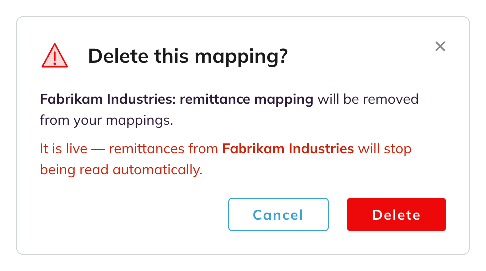 The Delete this mapping dialog for a live mapping, with the warning that remittances from Fabrikam Industries will stop being read automatically