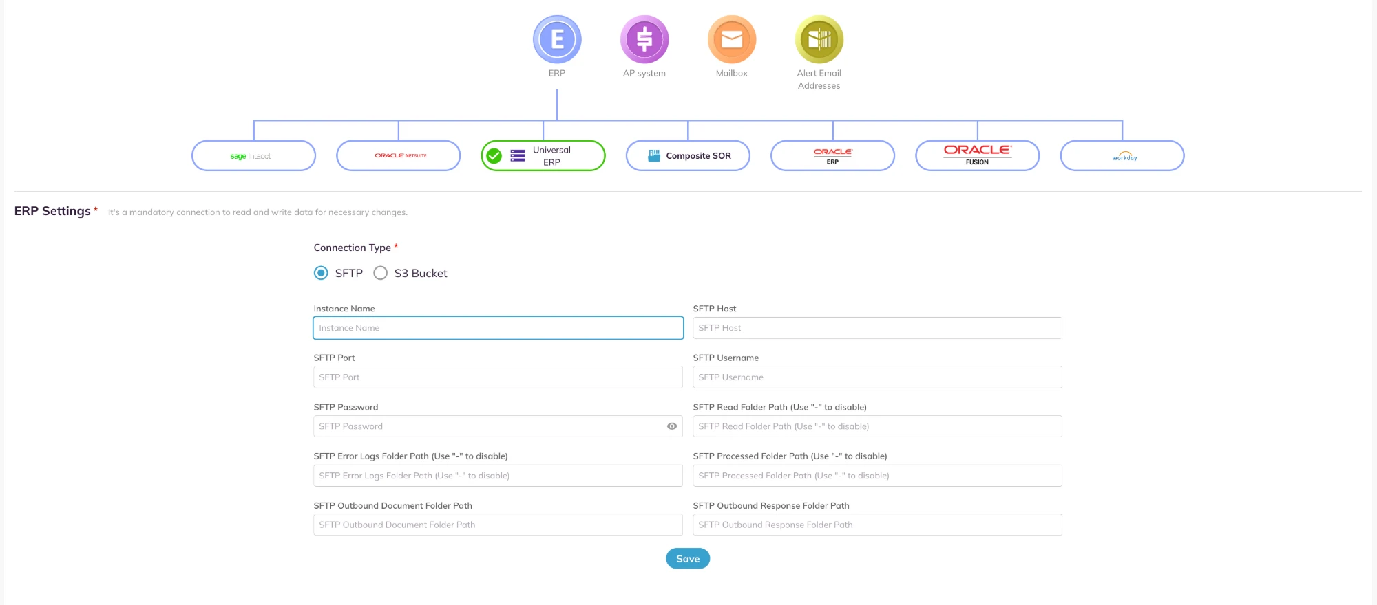Add New Connection with Universal ERP selected, and its ERP Settings form with connection type SFTP, the SFTP fields and the outbound document and response folder paths