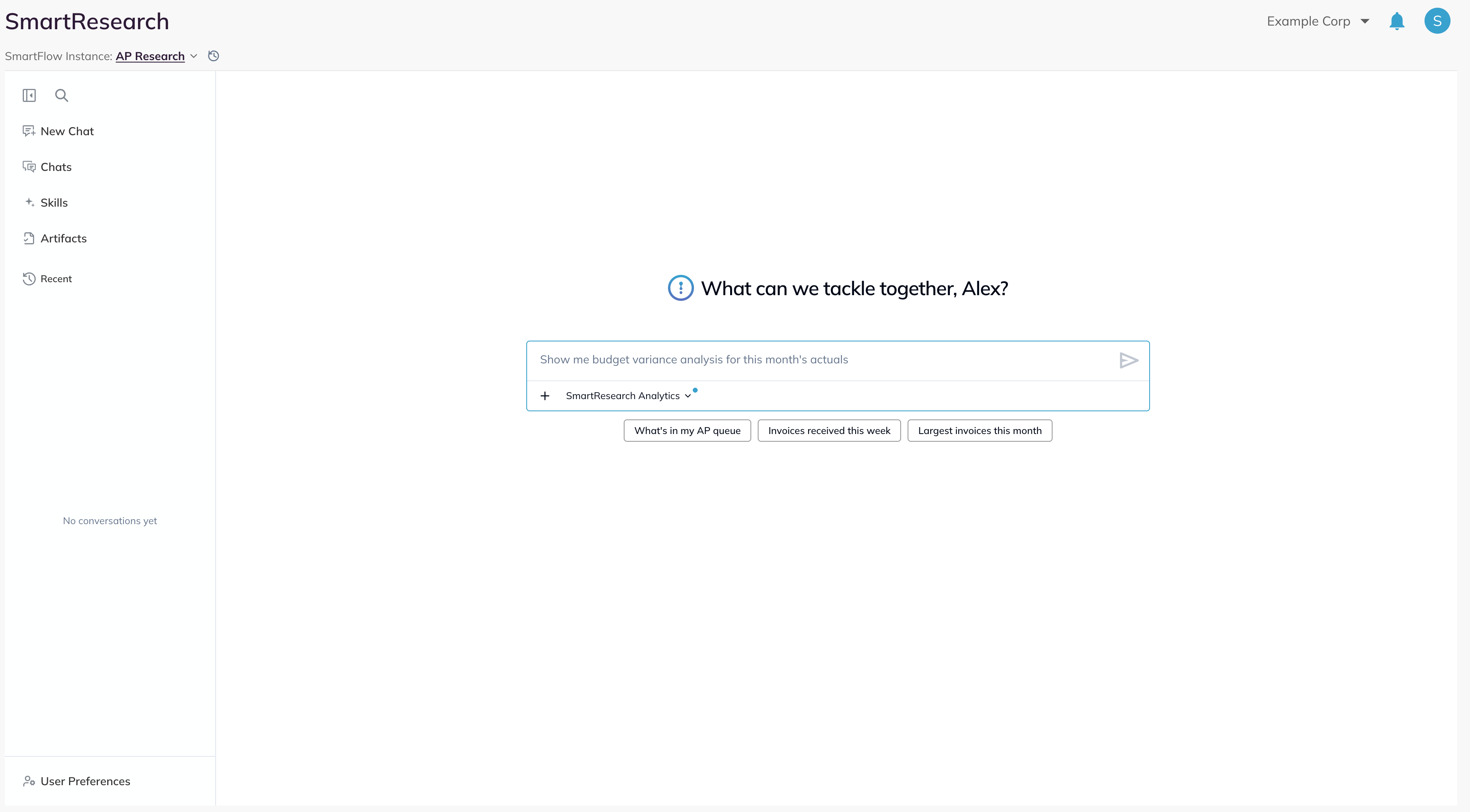 SmartResearch new chat for an instance linked to SmartVendor, with sample questions What's in my AP queue, Invoices received this week and Largest invoices this month