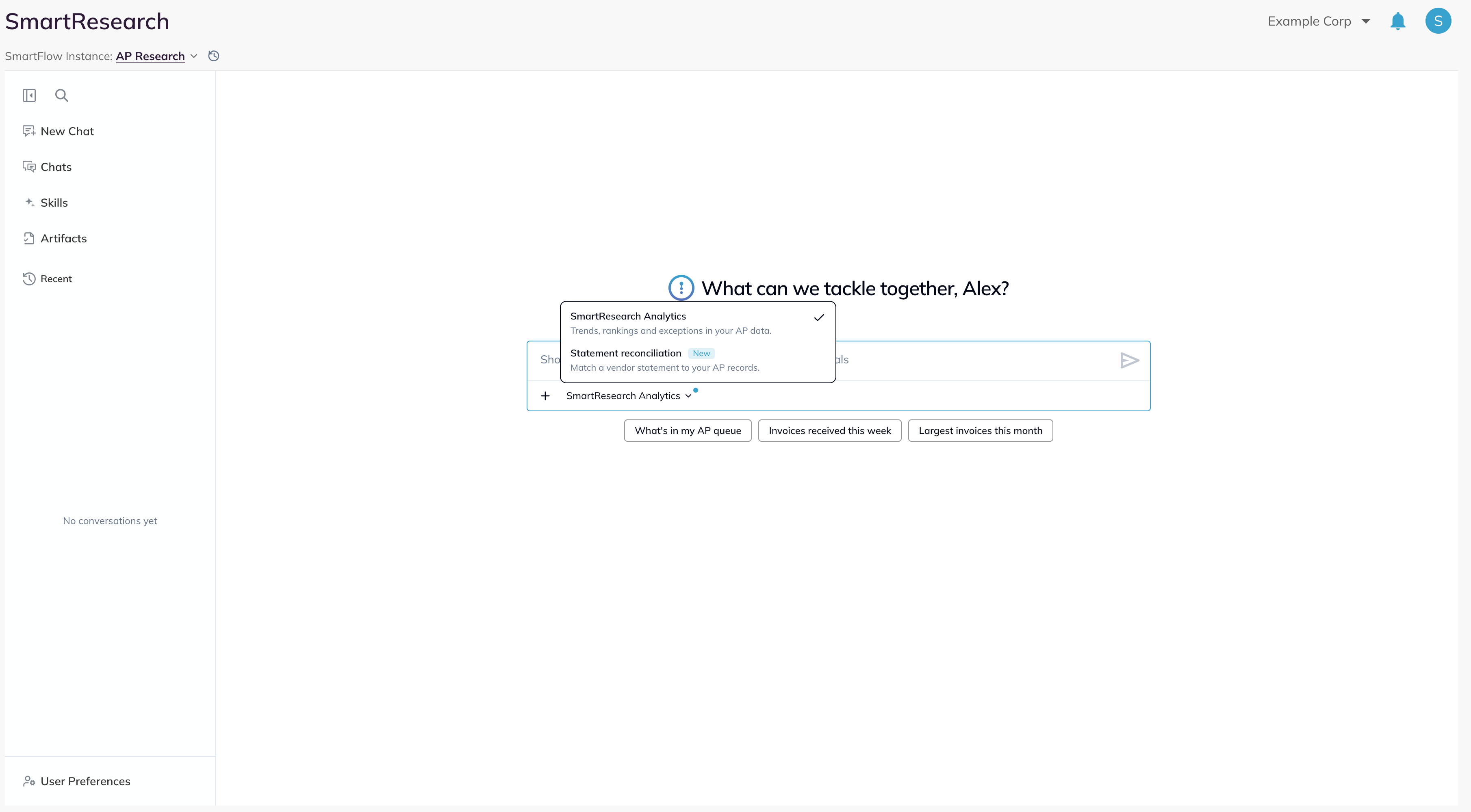 SmartResearch new chat with the list below the chat box open, showing SmartResearch Analytics and Statement reconciliation
